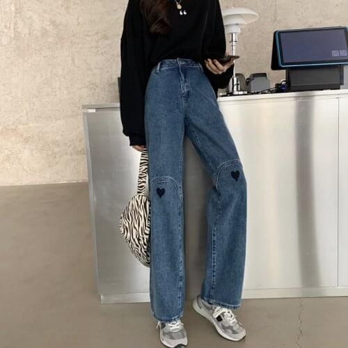 Autumn And Winter Korean Version 2021 New High Waist Slimming Love Embroidery Wide-Leg Pants Jeans Trousers Womens Pants Trend