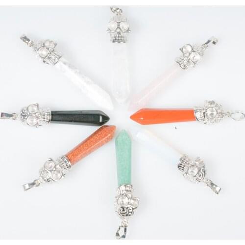 Natural Gem Stone Skeleton Skull Drop Pendulum Pendant Necklace Chain Men Women Jewelry Gift Pink Purple Clear Crystal D686—D696