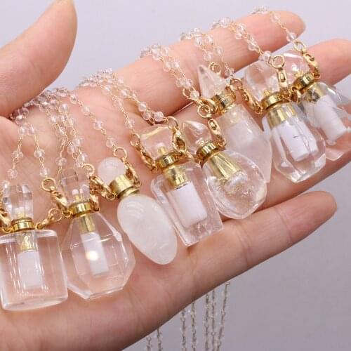 2021 Natural Semi-precious Stone Clear Quartz Perfume Bottle Pendant Necklace Pearl Chain DIY Jewelry Decoration Gift