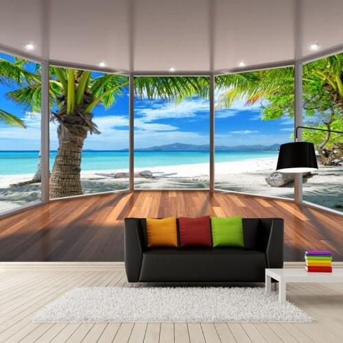 Custom Photo Wallpaper 3D Balcony Seaside Landscape Coconut Tree Beach Mural Living Room TV Sofa Dining Room Wall Painting Decor