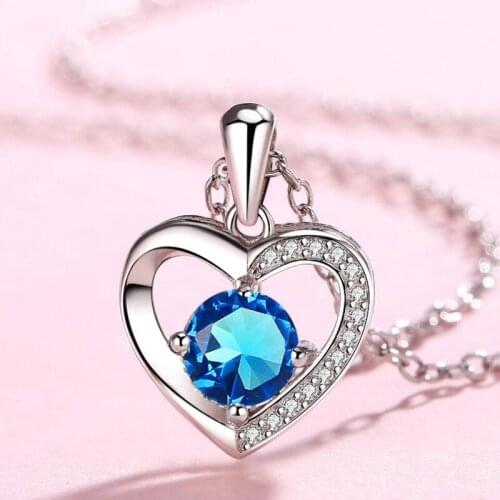 Silver 925 Necklace Luxury Female Blue Crystal Zircon Love Heart Pendant Necklaces High Jewelry Women Wedding Accessories KOFSAC