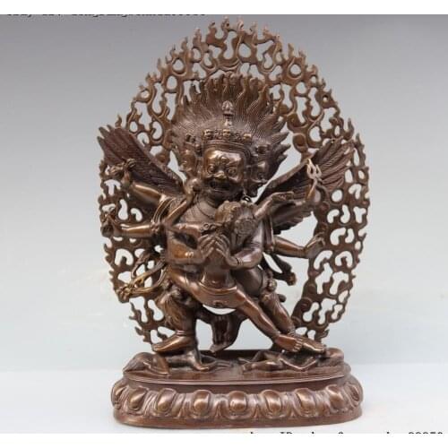 Tibet Buddhism Copper Bronze 3 Head 6 Arm Mahakala Wrathful Deity Buddha Statue