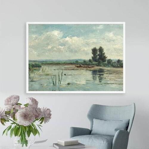 Vintage Landscape Oil Painting Art Prints Fishing Nautical Decor ,Fisherman Lake View Canvas Painting Wall Pictures Poster Decor