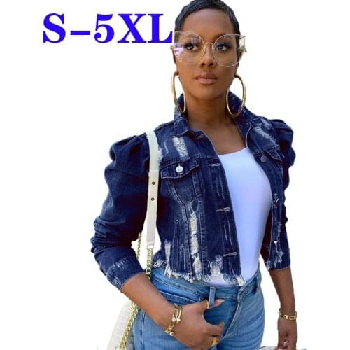 Vintage Puff Sleeve Ripped Denim Jackets Streetwear Short Jean Jacket Women Spring Autumn Plus Size 4XL 5XL Coat Female Outwear