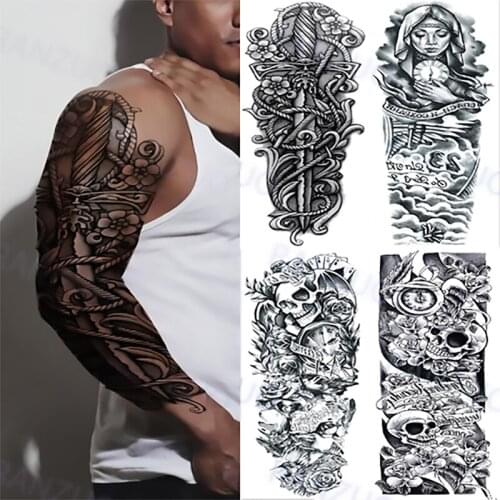 Big Arm Sleeve Waterproof Temporary Tattoo Sticker Big Skull Geometric Large Size Fake Tattoo