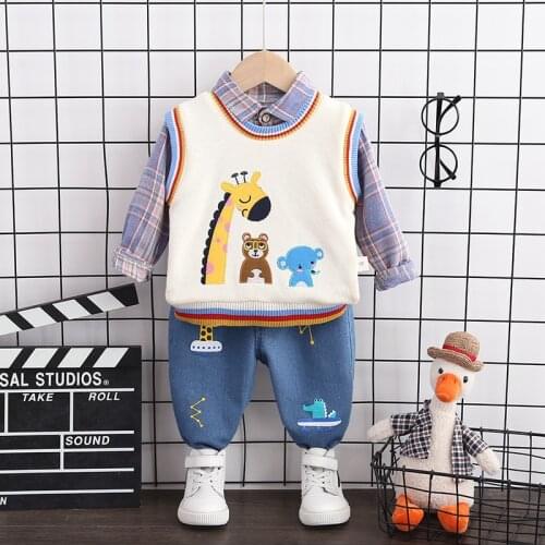 2021 Cartoon Knitting Childrens Winter Suit Baby Boy Clothes Suits For Boys Clothing Vest+Shirt+Pant 3 Pieces Set For 1-4 Age