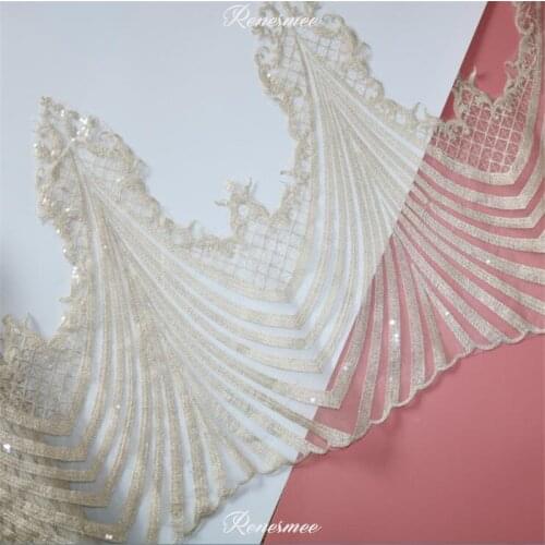 2Meter Ivory Champagne Gold Clear Sequins Embroidery Mesh Lace Trim Luxury Lace Fabric for Wedding Dresses 53cm SX197