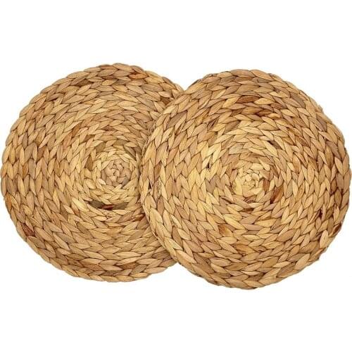 2 Pcs Woven Placemat,Natural Hyacinth Woven Placemat,Round Woven Rattan Table Mat, for Kitchen Party Wedding Decoration
