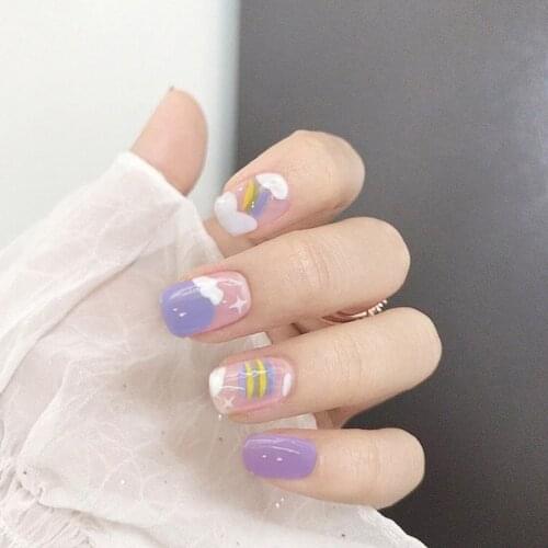 24pcs Blue Purple Nails Patch Glue Type Short Paragraph Removable Fashion Manicure False Nails Patch NE