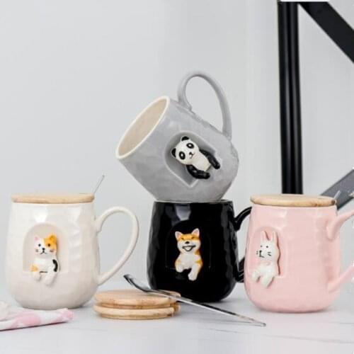3D Kawaii Cat Cup Dog Rabbit Panda Animal Shape Coffee Mug With Lid Spoon 430ml Creative Ceramic milk juice Tea Drinkware