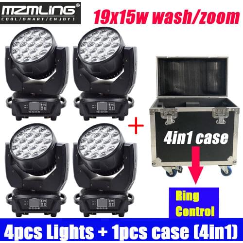 4PCS Lights + 1PCS Flight Case 19x15w RGBW 4in1 Wash/Zoom Light With Ring Control DMX512 Moving Head Light DJ/Bar Stage Light