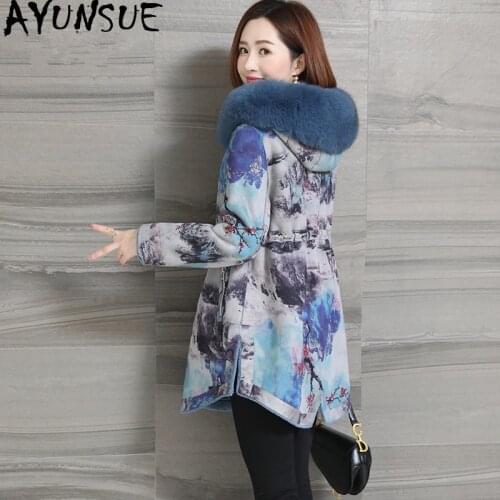 AYUNSUE Real Fur Coat Winter Coat Women Fox Fur Collar Sheep Shearling Jacket Women 100% Wool Coats Double Side Wear Jackets