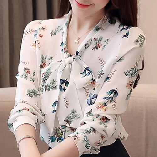 Blusas Mujer Blosue Women 2021 Bow V-neck Print Chiffon Blouse Shirt Women Tops Long Sleeve Women Blouses Shirts Blusa D472