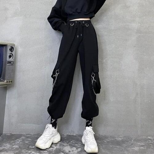Women Black Detachable Strap Pants Fashion Harajuku Cargo Pants Female Elastic Waist Streetwear Pants Casual Pant Loose Trouser