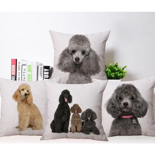 Poodle Cushion Cover Lovely Animals Dog Painting Pillowcase Beige Linen Throw Pillow Cases Sofa Bedroom Decoration