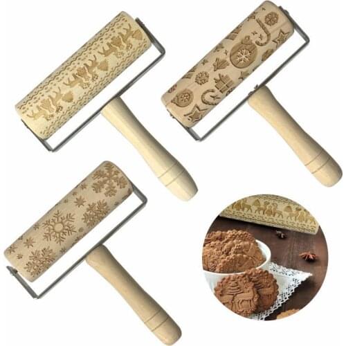 Wooden Christmas Embossed Pattern Rolling Pin Kitchen Cookie Biscuit Tool Wooden Carved Noodle Stick Baking Accessories