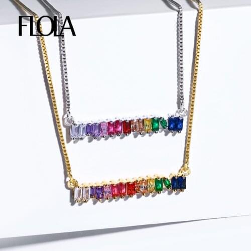 FLOLA CZ Rainbow Necklace Stone for Woman Multicolored Necklace Pendants Fashion Jewelry Rainbow Long Chain Necklace nkep12