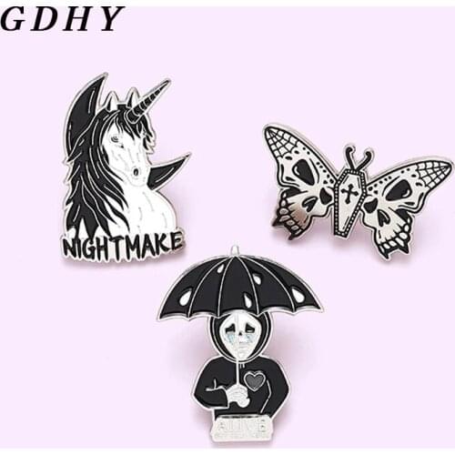 GDHY Skeleton butterfly moth Nightmare Horse Enamel Pin Brooch Bag Clothes Lapel Pin Gothic Badge Jewelry Gift for Friends