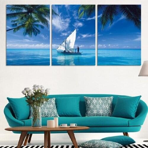 Sailing Boat In Sea Modern Landscape Painting Coconut Tree Sea Water Seaview Oil Painting Cuadros Decoracion Wall Pictures