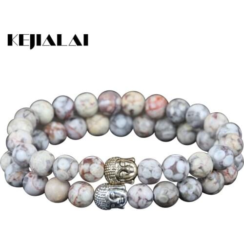 KEJIALAI 2pcs High Quality Natural 8mm Round Medical Stone Beads Charm Women Bracelet Gold/Silver Color Buddha Head Men Bracelet