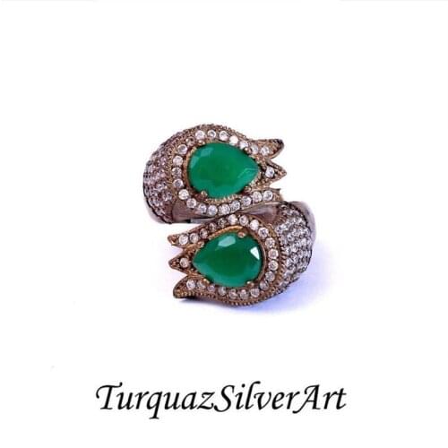 Handmade Woman Green Tulip Zircon Gemstone Ring, Ottoman-Antique-Ancient Type Woman 925 Silver Ring
