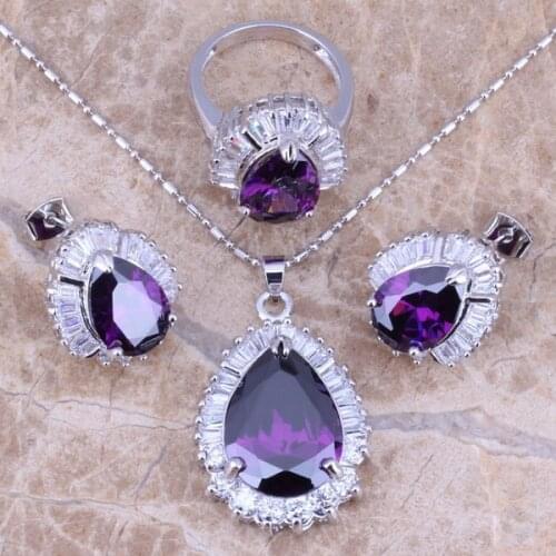 Purple Cubic Zirconia White CZ Silver Plated Jewelry Sets Earrings Pendant Ring Size 6 / 7 / 8 / 9 / 10 S0101