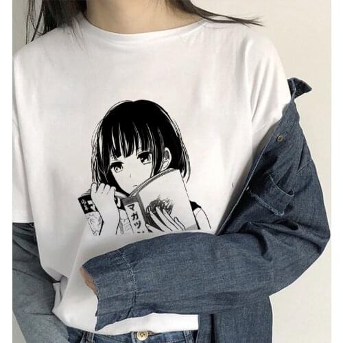 Japanese Anime Style Print T-shirt Women Cartoon Kawaii Graphic White Tshirt Woman anime tshirt Harajuku Aesthetic tee Tops