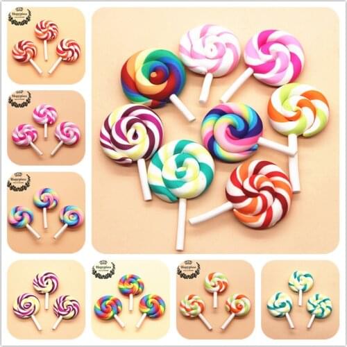 10pcs Mix Colors Rainbow Swirl Clay Polymer Handmade Lollipop Miniature Food Art Supply DIY Phone Decoration,28*45mm