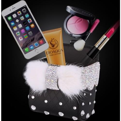 Mobile phone holder bowknot mink crystal car vent trash can storage box creative makeup storage box sundries hanging storage bag