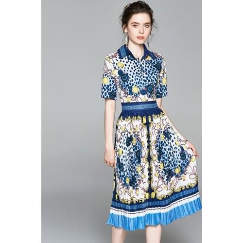 Fashion Designer Dot Leopard Print Pleated Dresses Womens Short Sleeve Turn Down Collar Elegant Female Party Midi Dresses k8152