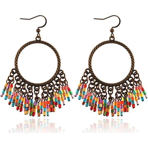 New Bohemian Colorful Beads Tassel Earrings Vintage Round Dangle Earrings For Women Statement Fashion Jewelry HQE1062