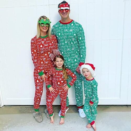 Parent Child Suit Christmas Letter Fun Printed Pajamas Round Neck Long Sleeve Patchwork Elastic Waistband Family Pajamas Outfits