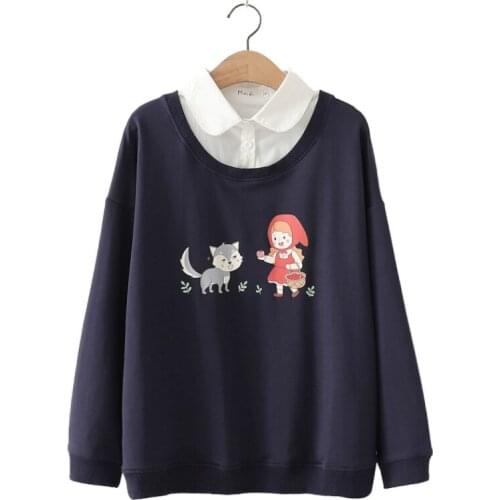 2020 Autumn Women Sweatshirts Preppy Style Cartoon Print Cotton Hoodies Long Sleeve Patchwork Two Pieces Ladies Tops Tracksuits