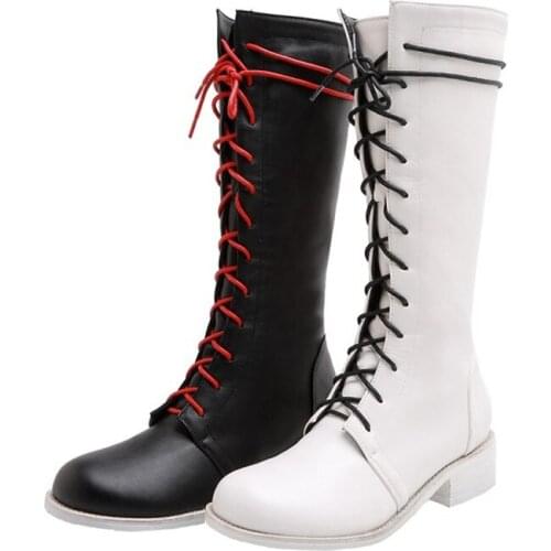PXELENA Plus Size 34-43 Women Knight Riding Motorcycle Mililtary Boots Knee High Lace Up Cross Strap Med Heels Winter Shoes Lady