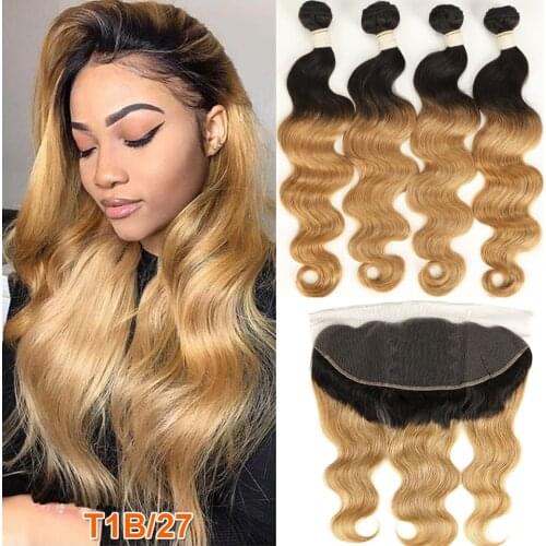 Rebecca Ombre Bundles With Frontal Two Tone 1B/99J 1B/27 1B/30 Colors Brazilian Body Wave 3 4 Bundles With Lace Frontal Closure
