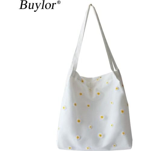Cute Embroidery Shoulder Bags for Womens Female Shopper Bag Daisies Small Canvas Tote Bag Designers 2021 womens Brand Handbag
