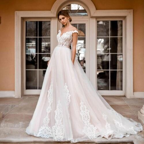 2020 Elegant Sheer Neck Tulle Applique Lace Wedding Dresses With Cap Sleeves Sashes Button Back Bridal Gowns vestido de noiva