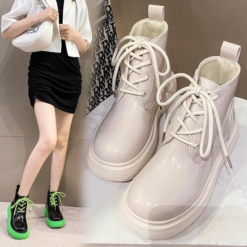 2021 Personalized Design Mixed Color Women Patent Leather Pumps Lace-Up Round Toe Full Genuine Leather Fashion Street Shoes
