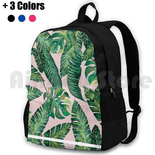 Jungle Leaves , Banana , Monstera Pink Outdoor Hiking Backpack Waterproof Camping Travel Ink Pattern Watercolor Banana Monstera