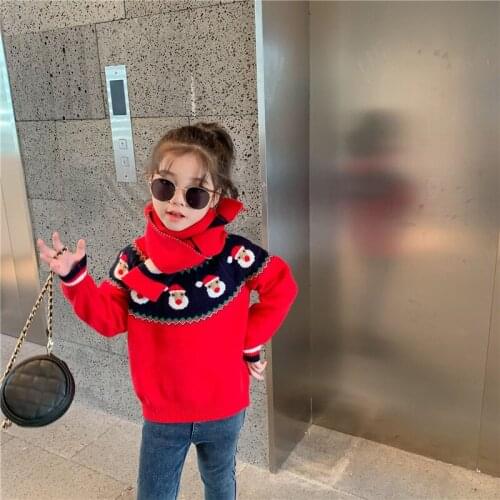 DFXD Fashion Winter Toddler Clothes Lovely Girls Red Christmas Knitwear Long Sleeve Pullover Sweaters With Scarf Kids Knit Tops