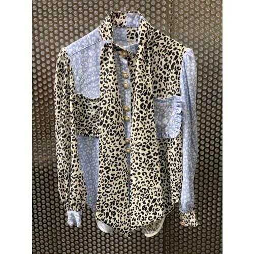 Ladies 2021 fashion new long-sleeved sexy casual bow tie printed stitching shirt 0107