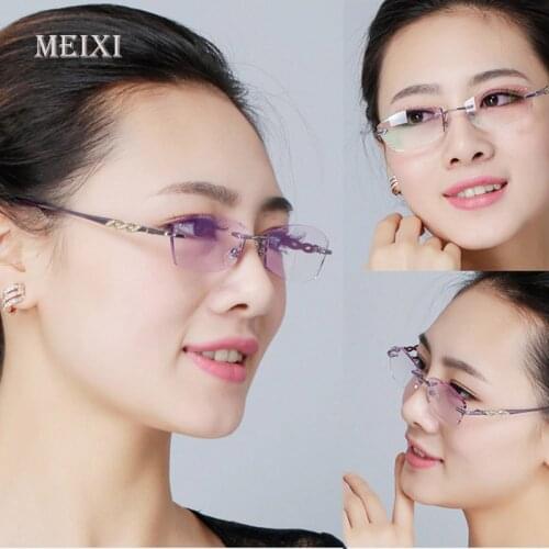 Womens Diamond Cutting Metal Rimless Hmc Coating Glass Lenses Reading Glasses Female Eyewear +1.0 1.5 2.0 2.5 3.0 3.5 4.0