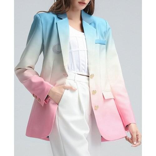 Gradient Color Blazers for Women 2020 New Fashion Ladies Tops Notched Collar Single Breasted Moon Embroidery Blazer Coats