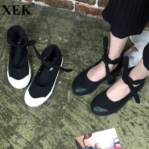 XEK 2018 Summer New Bowtie Women Casual Shoes Bandage Women Canvas Shoes Student Casual Shoes School Harajuku Style Flats JH226
