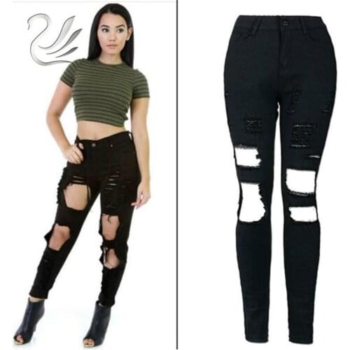 2019 Street Fashion Women Ripped Cut Skinny Long Jeans Pants Slim Pencil Trousers Long Pants Jeans Femme Denim Black New