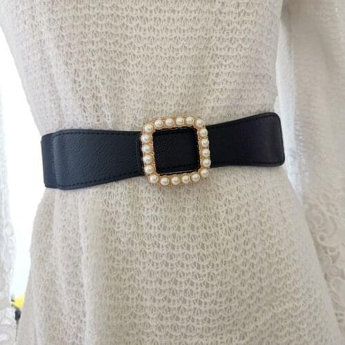 Woman Gold Pearl Buckle Waistband Wide Elastic Cummerbunds Stretch Waist Belts For Women Fashion Dress Belts Wedding Waistbands