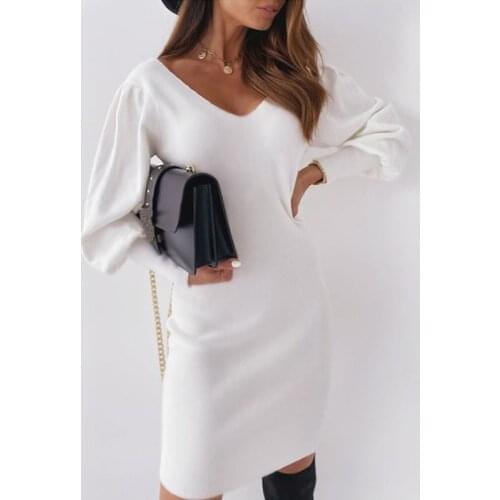 Sexy V Neck Womens Dress White Lace Long Sleeve Mini Party Dress Autumn Elegant Clothes Hollowed Out Back Dresses Solid Dress