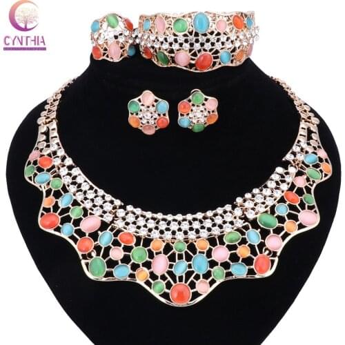 Women Wedding Fashion Cats Eye Crystal Gold Color Necklace Earrings Bangle Rings Party Dress Accessories 7 Colors