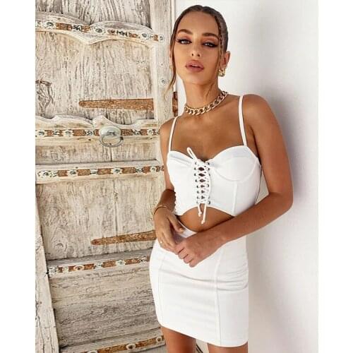 Women Sexy Designer Deep V Neck Lacing White Bandage Dress 2021 Evening Designer Celebrity Chic Party Dress Vestido