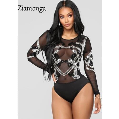 Ziamonga Sexy Women O-Neck Long Sleeve Bodycon Sequined Bodysuit Elegant Pailette Club Rompers Womens Jumpsuit